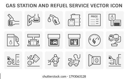 Gas station icon. Also called service station or petrol station to sells fuel and gasoline for car and motor vehicles. Including with worker, fuel dispenser, tank, building, level gauge and vehicle.