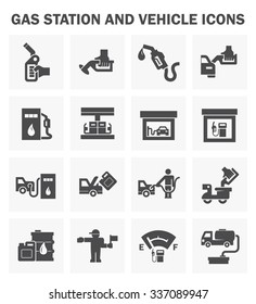 Gas station icon. Also called service station or petrol station to sells fuel and gasoline for car and motor vehicles. Including with worker, fuel dispenser, tank, building, level gauge and vehicle.