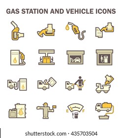Gas station icon. Also called service station or petrol station to sells fuel and gasoline for car and motor vehicles. Including with worker, fuel dispenser, tank, building, level gauge and vehicle.