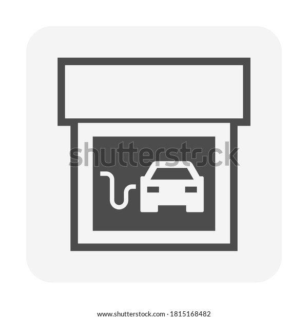 Gas station icon. Also called service station or\
petrol station to sell fuel and gasoline for car, automobile, motor\
vehicle. Include fuel nozzle connect to pump and fuel dispenser by\
flexible hose.