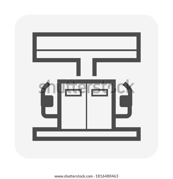 Gas station icon. Also called service station or\
petrol station to sell fuel and gasoline for car, automobile, motor\
vehicle. Include fuel nozzle connect to pump and fuel dispenser by\
flexible hose.