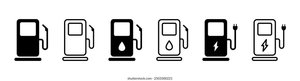 Icono de gasolinera. Señal de la gasolinera. Conjunto de Vector de cargador eléctrico. Señales aisladas de repostaje de automóviles.