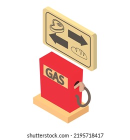 Gas station icon isometric vector. Red filling station and product signboard. Gas station, refueling service, fuel industry