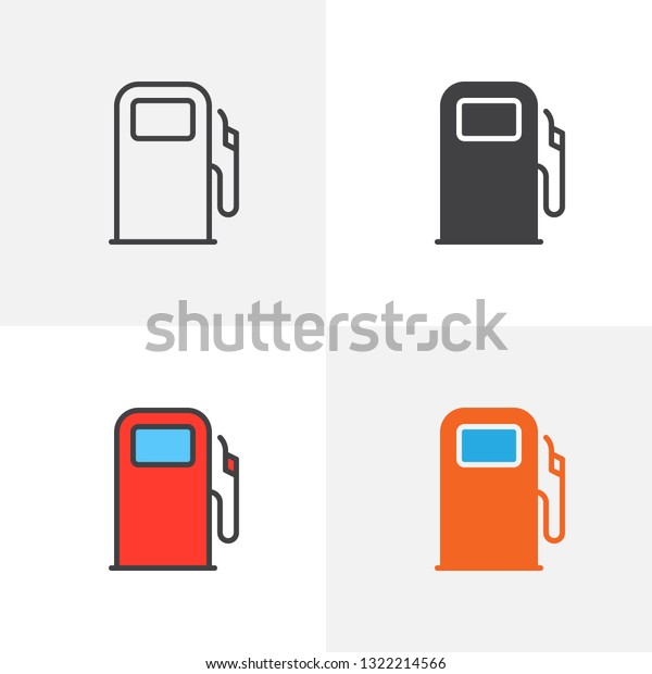 Gas\
station icon. Line, glyph and filled outline colorful version,\
Gasoline pump nozzle outline and filled vector sign. Petroleum\
symbol, logo illustration. Different style icons\
set
