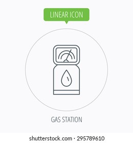Gas station icon. Petrol fuel pump sign. Linear outline circle button. Vector