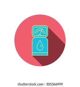 Gas station icon. Petrol fuel pump sign. Red flat circle button. Linear icon with shadow. Vector