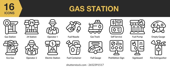Conjunto de ícones do posto de gasolina. Coleção Editável De Ícones De Traçado. Inclui estação, gás, combustível, veículo, carro, diesel e Mais. Contornar coleção de vetores de ícones.