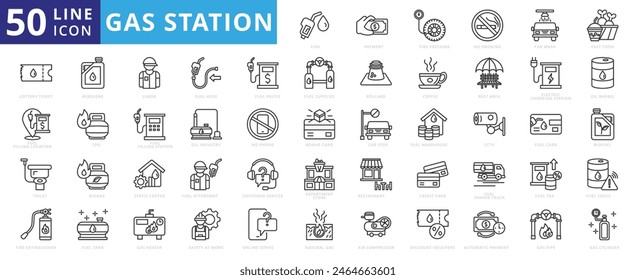 Gas station icon set with fuel, payment, tire pressure, no smoking, car wash, fast food, ticket, filling location and toilet.