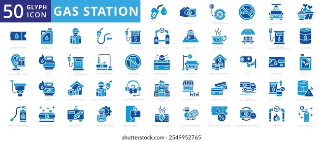 Gas station icon set with fuel, payment, tire pressure, no smoking, car wash, fast food, bio fuel, gasoline, fuel, gas, filling location, rest area, electric charging station, and toilet.