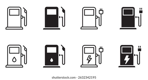 Gas station icon set. Fuel sign, gas, petrol, oil, gasoline. electric car charging station