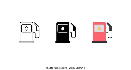 gas station icon set. Linear, silhouette and flat styles are editable.