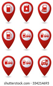 Gas station icons on red map pointers. Vector illustration