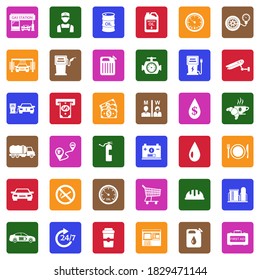 Gas Station Icons. White Flat Collection In Square. Vector Illustration.