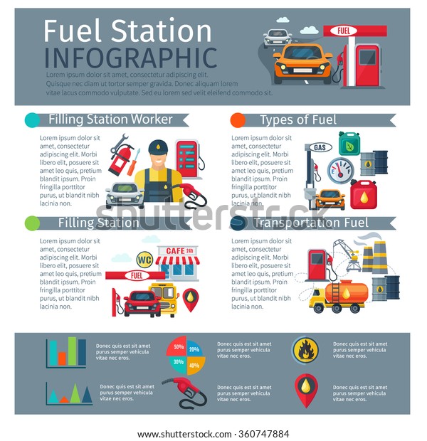 Gas\
station infographic set with worker types of fuel and\
transportation symbols flat vector illustration\

