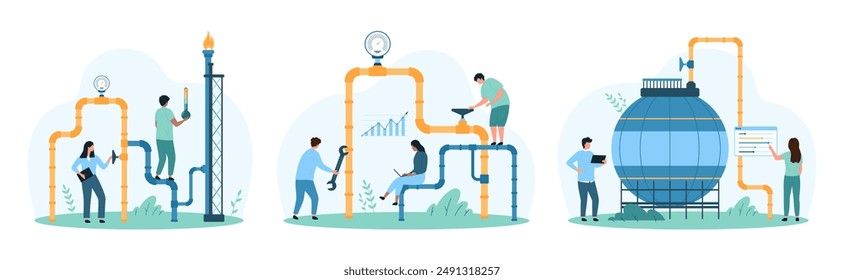 Gas station inspection, engineering set. Tiny people control gas flow and storage with chart and settings, engineers check safety of container, pipe and valve for leaks cartoon vector illustration