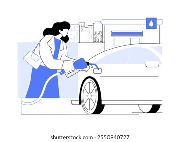 Ilustrações isoladas do vetor de desenho animado do posto de gasolina. Linda menina reabastecendo seu carro na corrida da manhã no posto de gasolina, estilo de vida das pessoas, tarefas diárias, desenho animado de vetor de combustível automotivo.