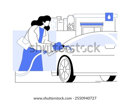 Gas station isolated cartoon vector illustrations. Beautiful girl refueling her car in the morning rush at gas station, people lifestyle, daily chores, automotive fuel vector cartoon.
