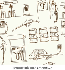 Gas station isolated hand drawn doodles Vector pattern