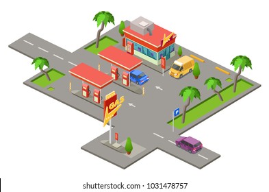 Gas station isometric 3D vector illustration for construction design. Isometric cars on petrol station filling fuel, parking lots and cashier window of shop or mini market booth