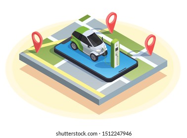 Gas Station Isometric Composition Of Charging Car On Top Of Smartphone With Location Signs And Map Vector Illustration