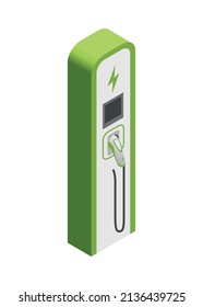 Gas station isometric composition with isolated image of charging column for electric vehicles on blank background vector illustration