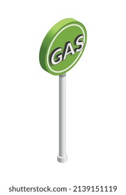 Gas station isometric composition with isolated image of traffic sign on post on blank background vector illustration