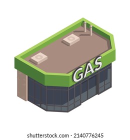 Gas station isometric composition with isolated image of gas station building on blank background vector illustration