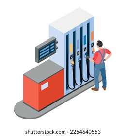 Gas station isometric composition with isolated view of fuel filling station infrastructure element vector illustration