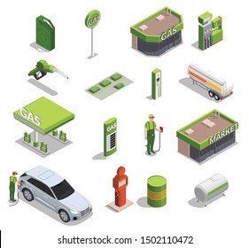 Gas Station Isometric Set Of Icons And Images Of Filling Columns Petrol Cans Buildings And People Vector Illustration