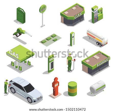 Gas station isometric set of icons and images of filling columns petrol cans buildings and people vector illustration