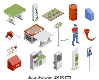 Gas station isometric set vector illustration. Collection gasoline petroleum filling columns, outdoor buildings, street signboard, people isolated. Automobile petrol service equipment industry