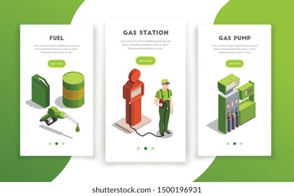 Gas station isometric set of vertical banners with page switch buttons editable text and colourful images vector illustration