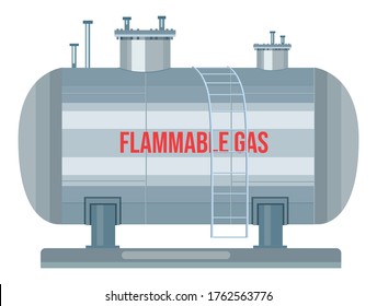 Gas station with ladder, flammable gas text, storage tank for saving compressed gas. Dangerous, under pressure. Industrial construction. Big reservoir for butane, propane, methane, argon, oxygen