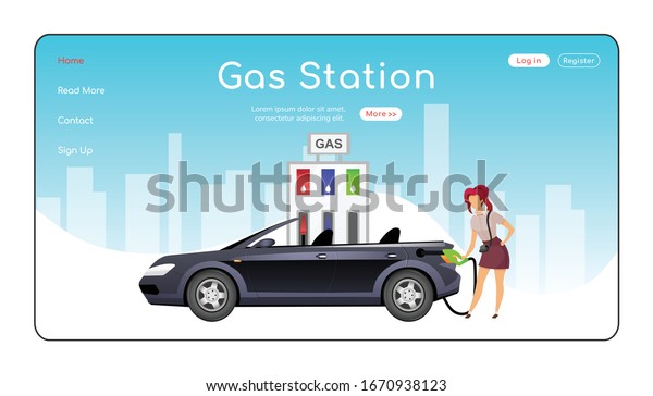 Gas\
station landing page flat color vector template. Petrol stations\
network homepage layout. Car refuel one page website interface with\
cartoon character. Petroleum sale web banner,\
webpage