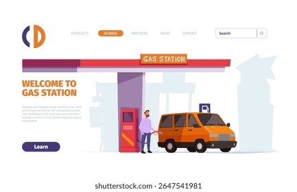 Gas station landing. web page templates with person refuel cars