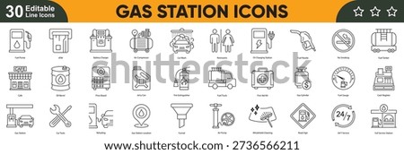 Gas station line icons set. Fuel pump, petrol, diesel, refueling, service station, energy, transportation, editable stroke vector pack.
