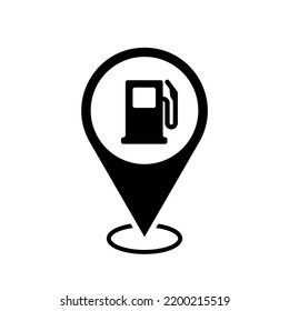 gas station location map pointer, fuel icon with location pin, black symbol isolated on white background, vector marker, gasoline sign