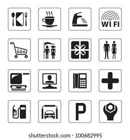 gas station, mall and motel icons set