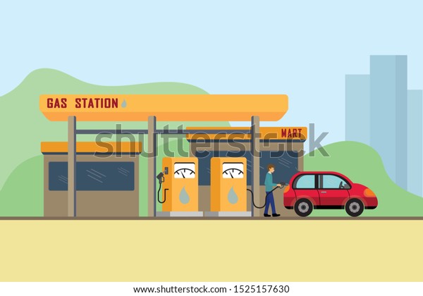 Gas\
station with man refueling car on gas\
station.