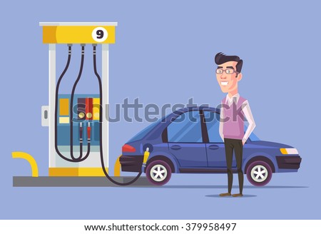 Gas station and man. Vector flat illustration