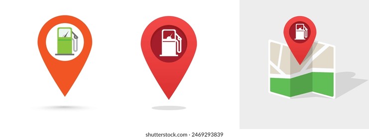 Gas station map pin pointer symbol vector graphic illustration set, fuel petrol point arrow label location place image clip art set
