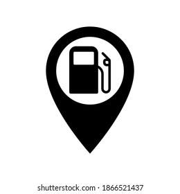 Gas station with map pointer pin icon. Transportation fuel location marker vector illustration.