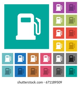 Gas station multi colored flat icons on plain square backgrounds. Included white and darker icon variations for hover or active effects.