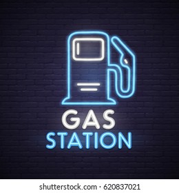 Gas Station neon sign. Neon sign, bright signboard, light banner. 