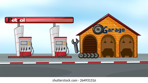 Gas station next to a garage