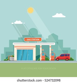 Gas station. Oil, fueling petrol with shop. Red car on a pit stop on the city background. Flat vector illustration