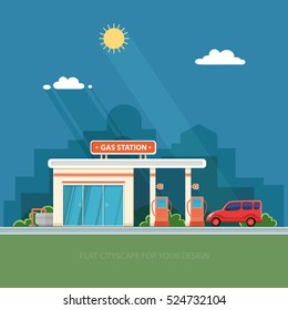 Gas station. Oil, fueling petrol with shop. Red car on a pit stop on the city background. Flat vector illustration