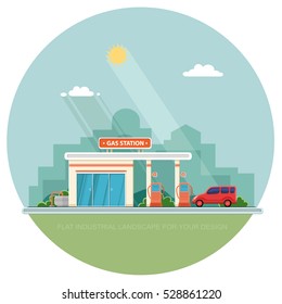 Gas station. Oil, fueling petrol with shop. Red car on a pit stop on the city background. Flat vector illustration