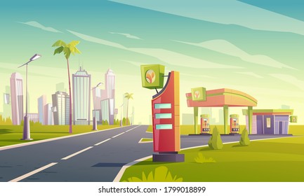 Gas station with oil pump, market and prices display on road to tropical town. Vector cartoon cityscape with empty fuel filling station for cars, palm trees and buildings on background