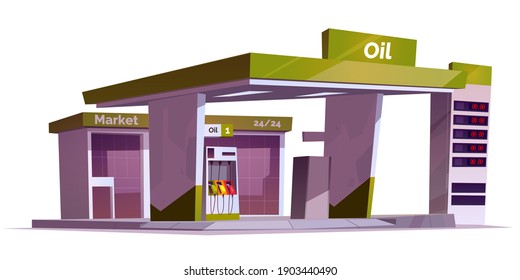 Gas station with oil pump, market and prices display. Vector cartoon illustration of empty fuel filling station for cars isolated on white background. Modern service for refill petrol, diesel or gas